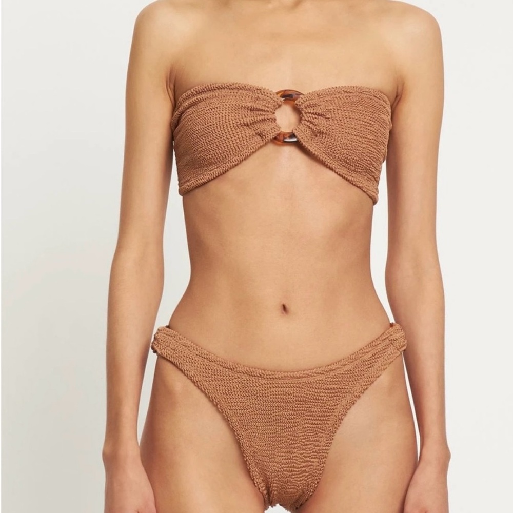 Hunza G Tan Textured Bandeau Bikini with Ring Detail